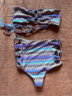 acacia swimwear Multicolor Zigzag Bandeau Bikini — Pink, Purple, Teal, Brown